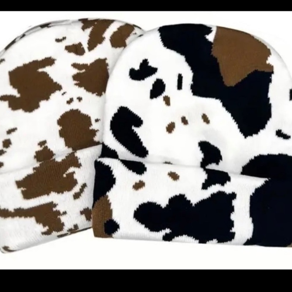 2 Piece Cow Print Knit Beanie White Brown Black Stretch Unisex Winter Hat